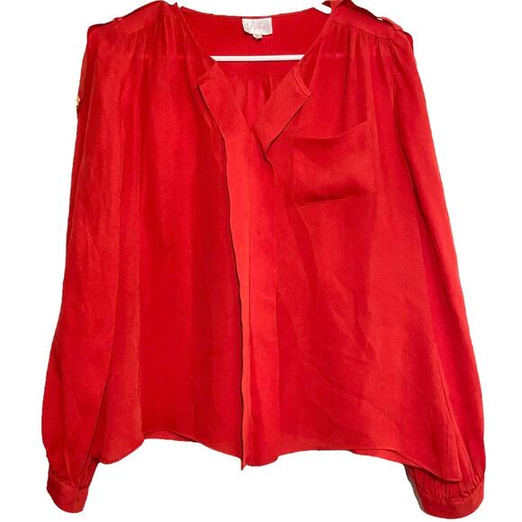Parker Blouse 100% Silk Balloon Long Sleeve Pleat Back V-Neck Red Medium - Picture 1 of 5